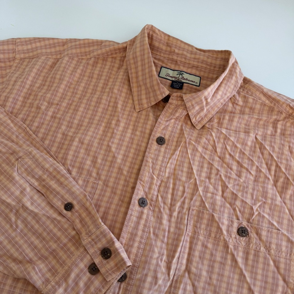 Tommy‎ Bahama Orange Plaid Silk Long Sleeve Button Down Men's Large
